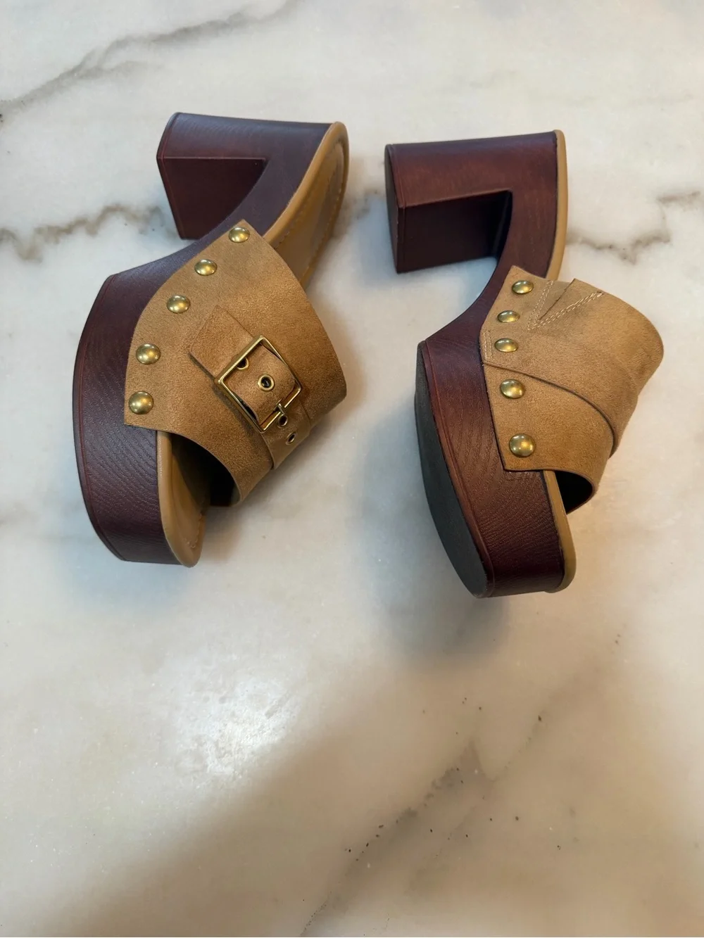 Jade Tan Suede Buckle Platform Mule